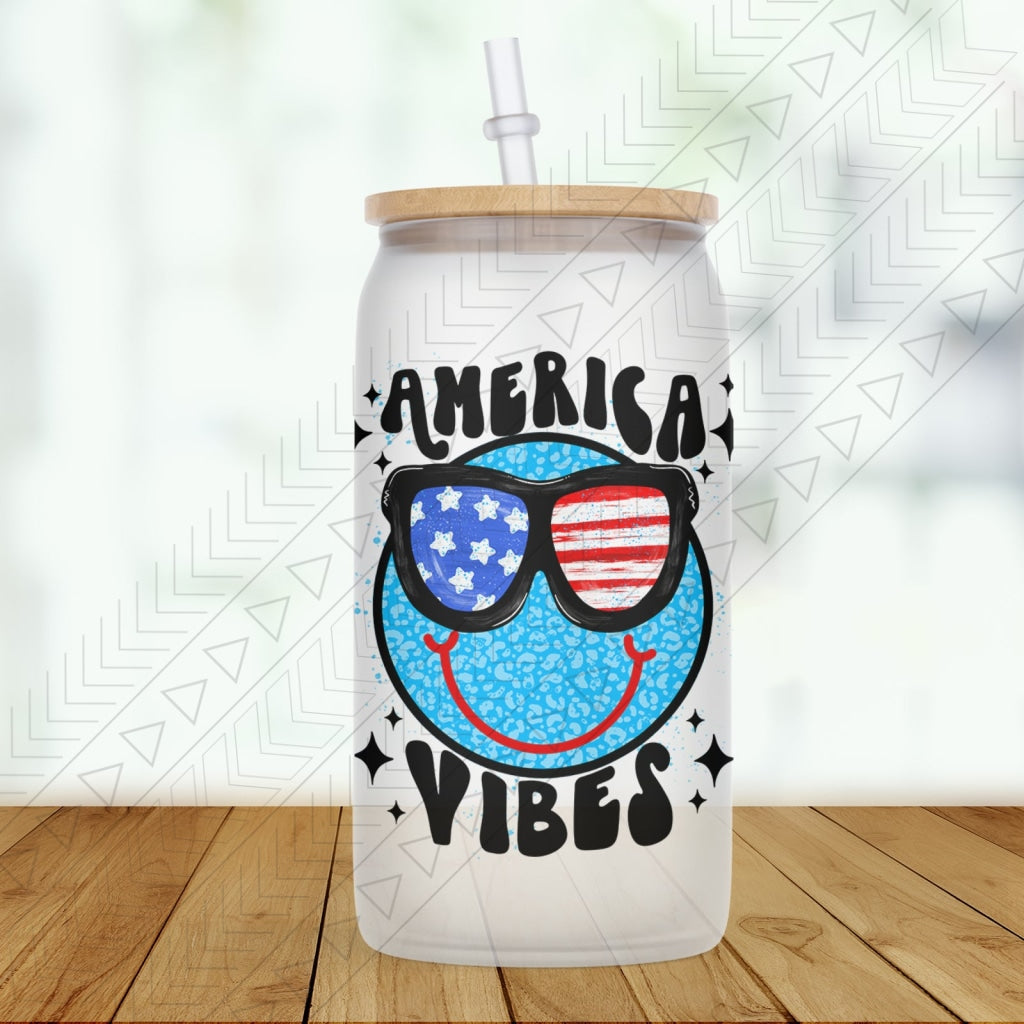 America Vibes Blue Leopard Face Glass Can