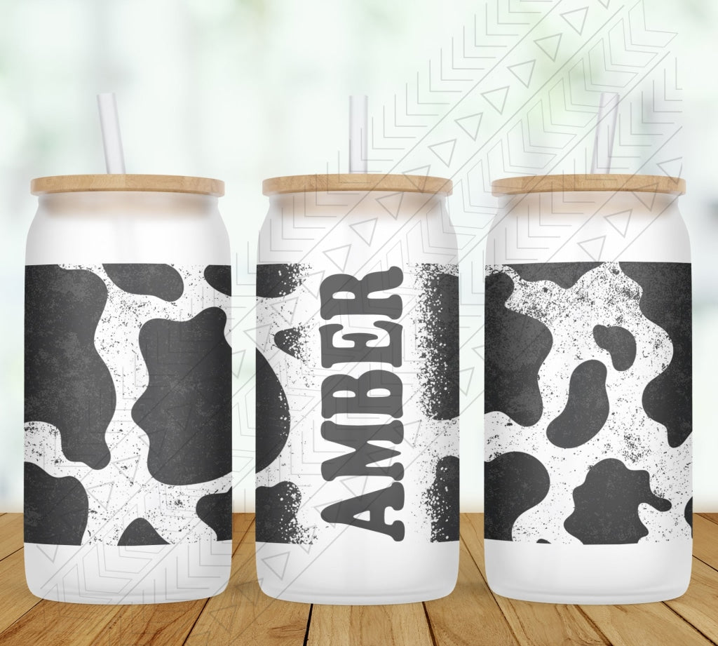 Cow Print Personalized Glass Can