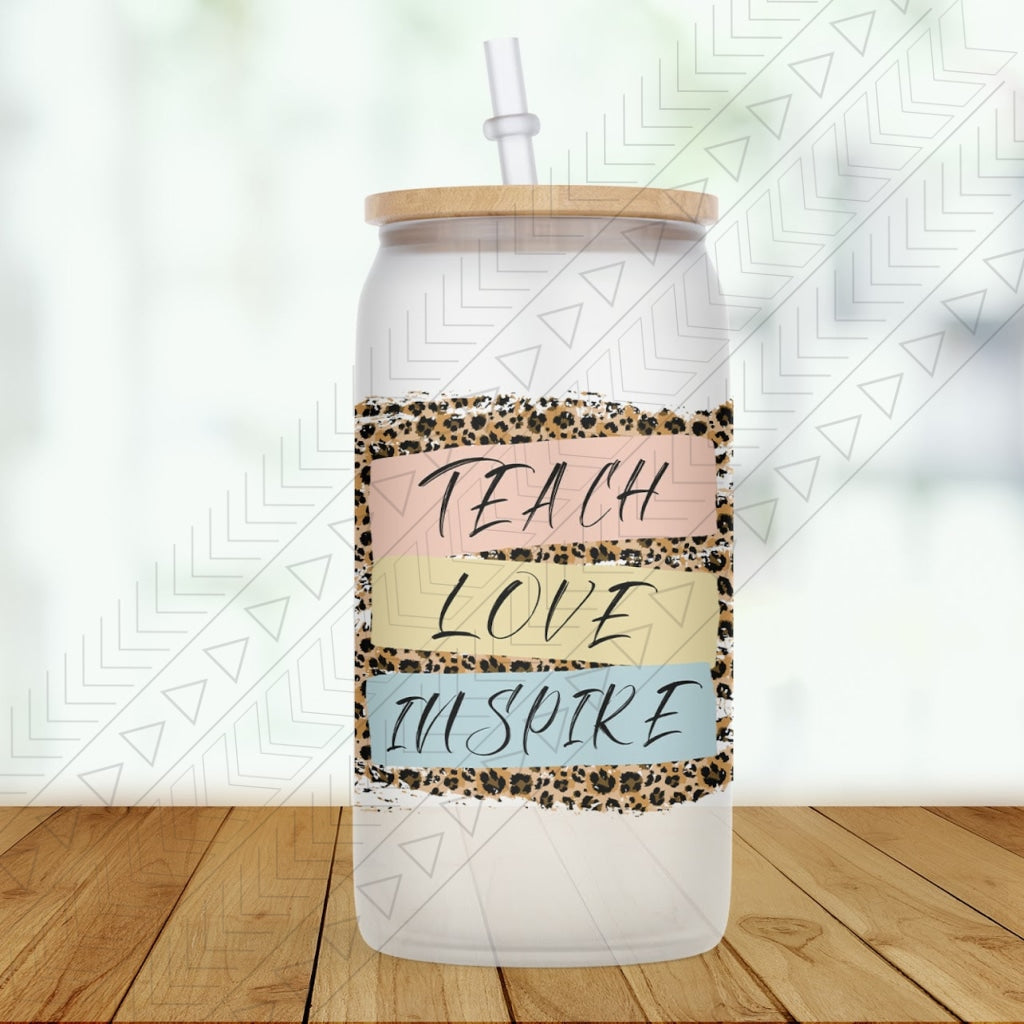 Teach Love Inspire Leopard Glass Can